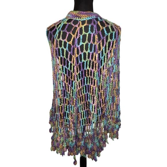 Open knit crochet pastel bobble gold-tone clasp hand knitted Gypsy Girl Shawl - Picture 3 of 8